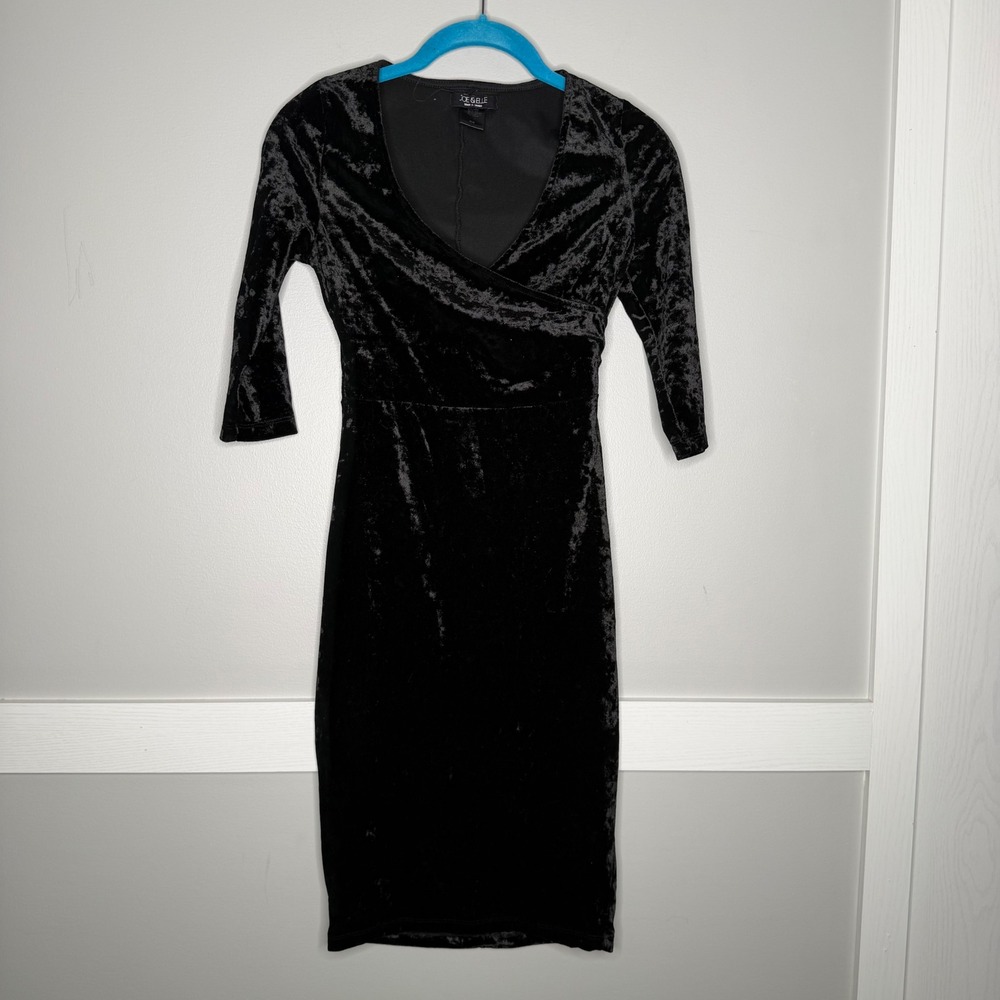 Joe & Elle Velvet Dress Women XS Black Crushed Faux Wrap 3/4 Sleeve Bodycon